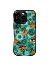 PhoneCasing iPhone 15 pro max phone case with MagSafe compatibility, dreamy turquoise gold beast print, 10ft drop protection.