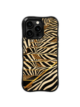 PhoneCasing iPhone 15 pro max phone case with MagSafe compatibility, geometric zebra gold foil staircase print, 10ft drop protection.