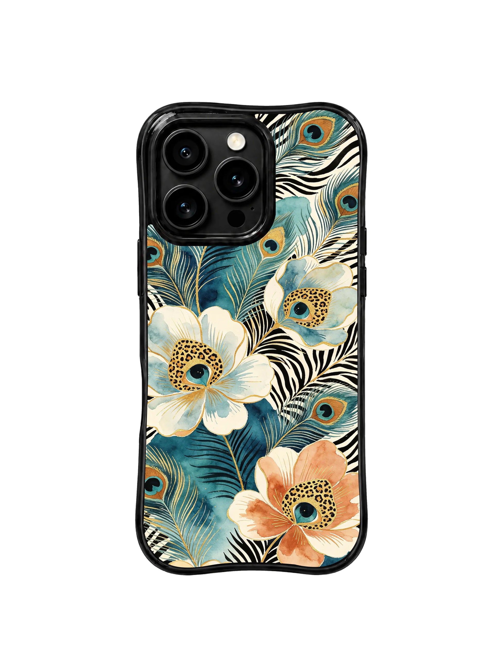 PhoneCasing iPhone 15 pro max phone case with tropical peacock and leopard art, MagSafe compatible premium casing made in USA.