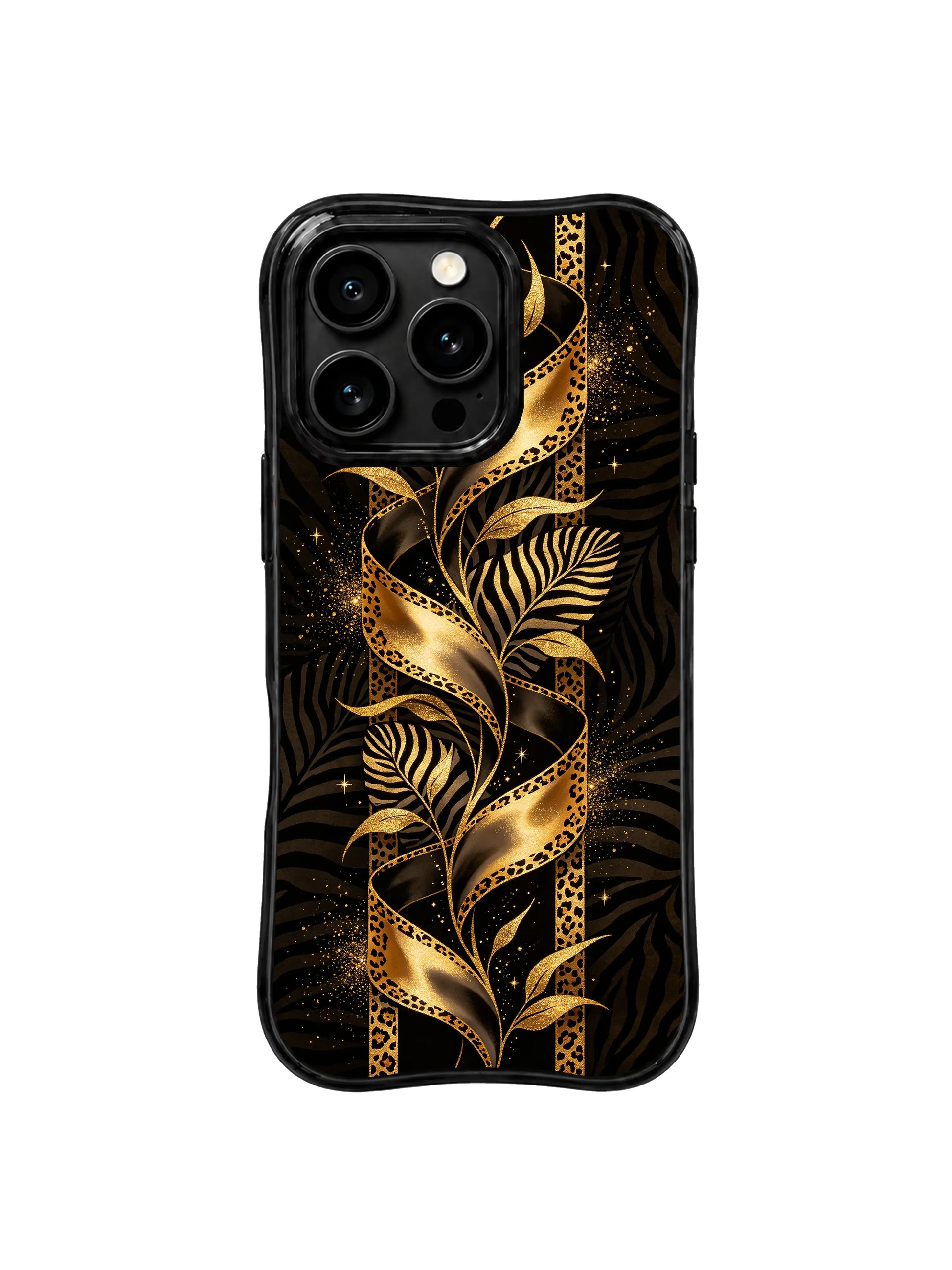 PhoneCasing iPhone 15 pro max phone case, slim profile black gold jungle ribbon design, military grade drop protective casing.
