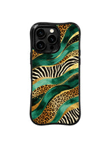 PhoneCasing iPhone 15 pro max phone case, slim profile emerald leopard gold river design, military grade drop protective casing.
