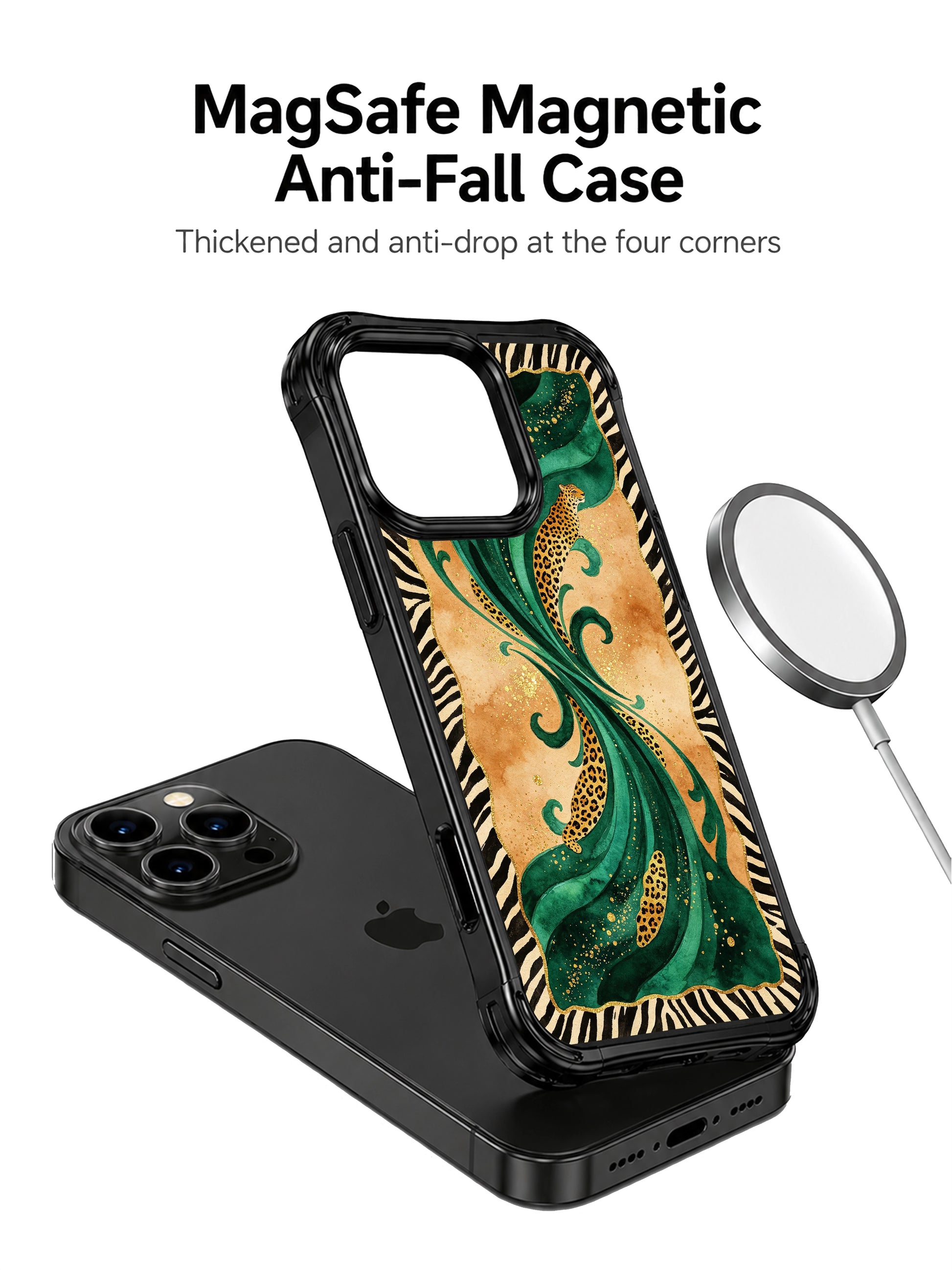 PhoneCasing iPhone 15 pro max phone case, slim profile oasis leopard design, military grade drop protective casing.
