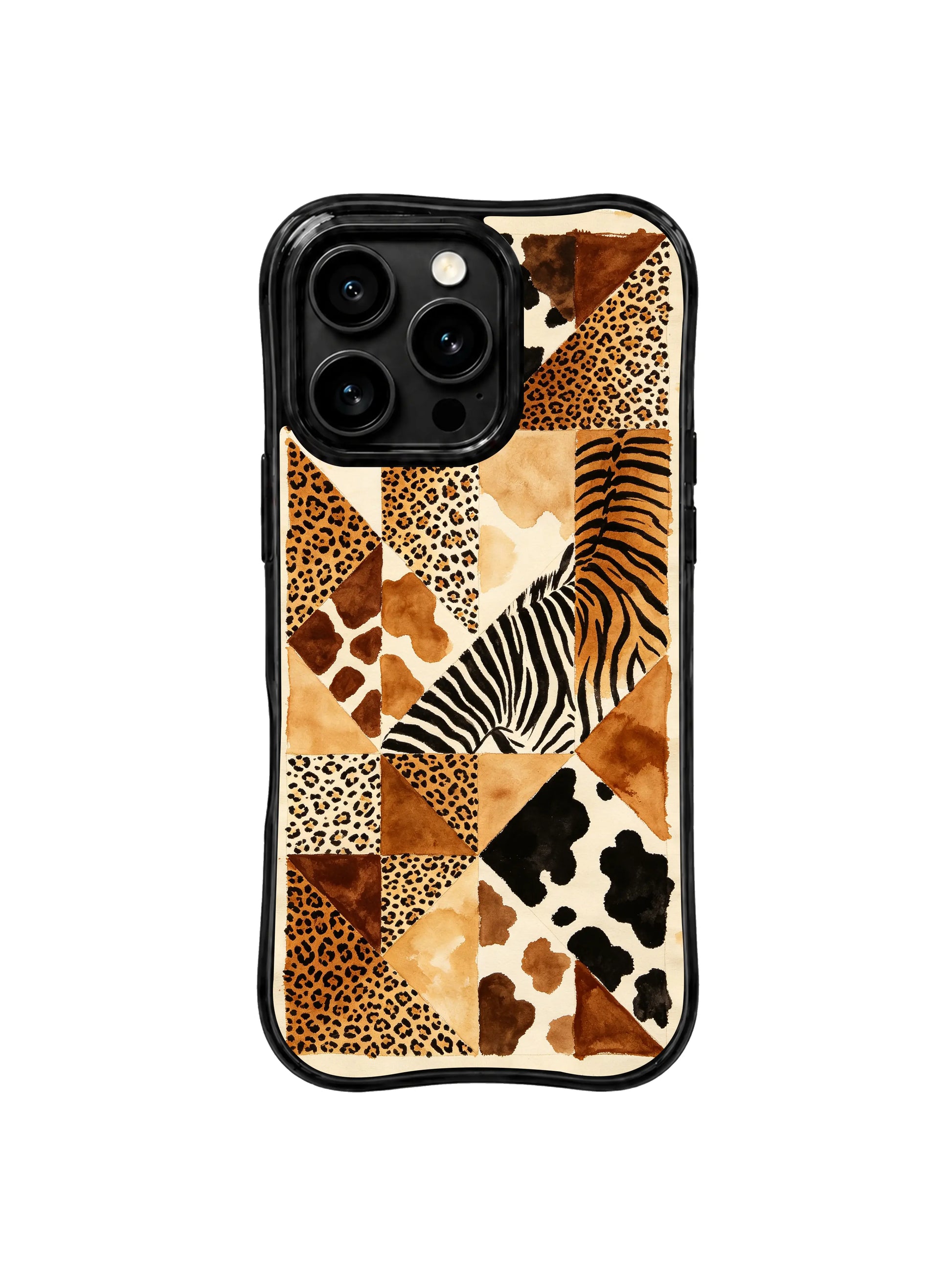 PhoneCasing iPhone 15 pro max phone case, slim profile leopard patchwork design, military grade drop protective casing.