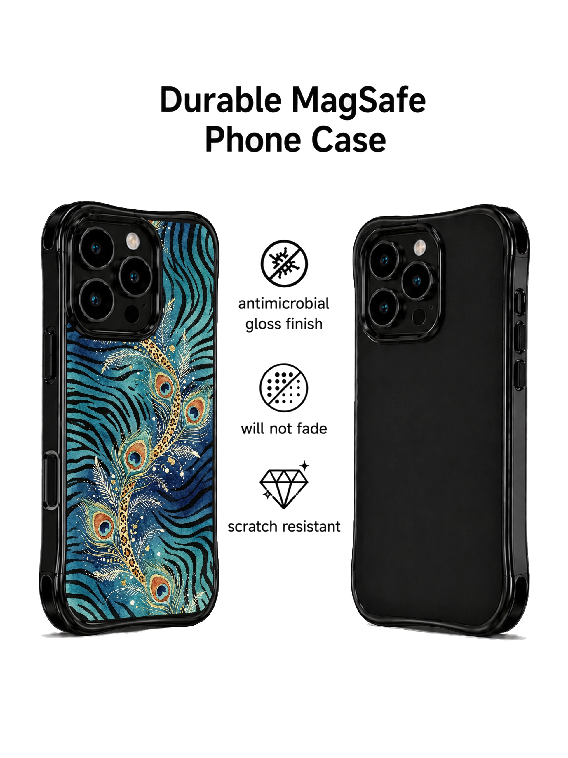 PhoneCasing iPhone 15 pro max phone case, slim profile peacock leopard gate design, military grade drop protective casing.