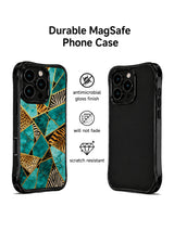 PhoneCasing iPhone 15 pro max phone case, slim profile turquoise gold beast print design, military grade drop protective casing.