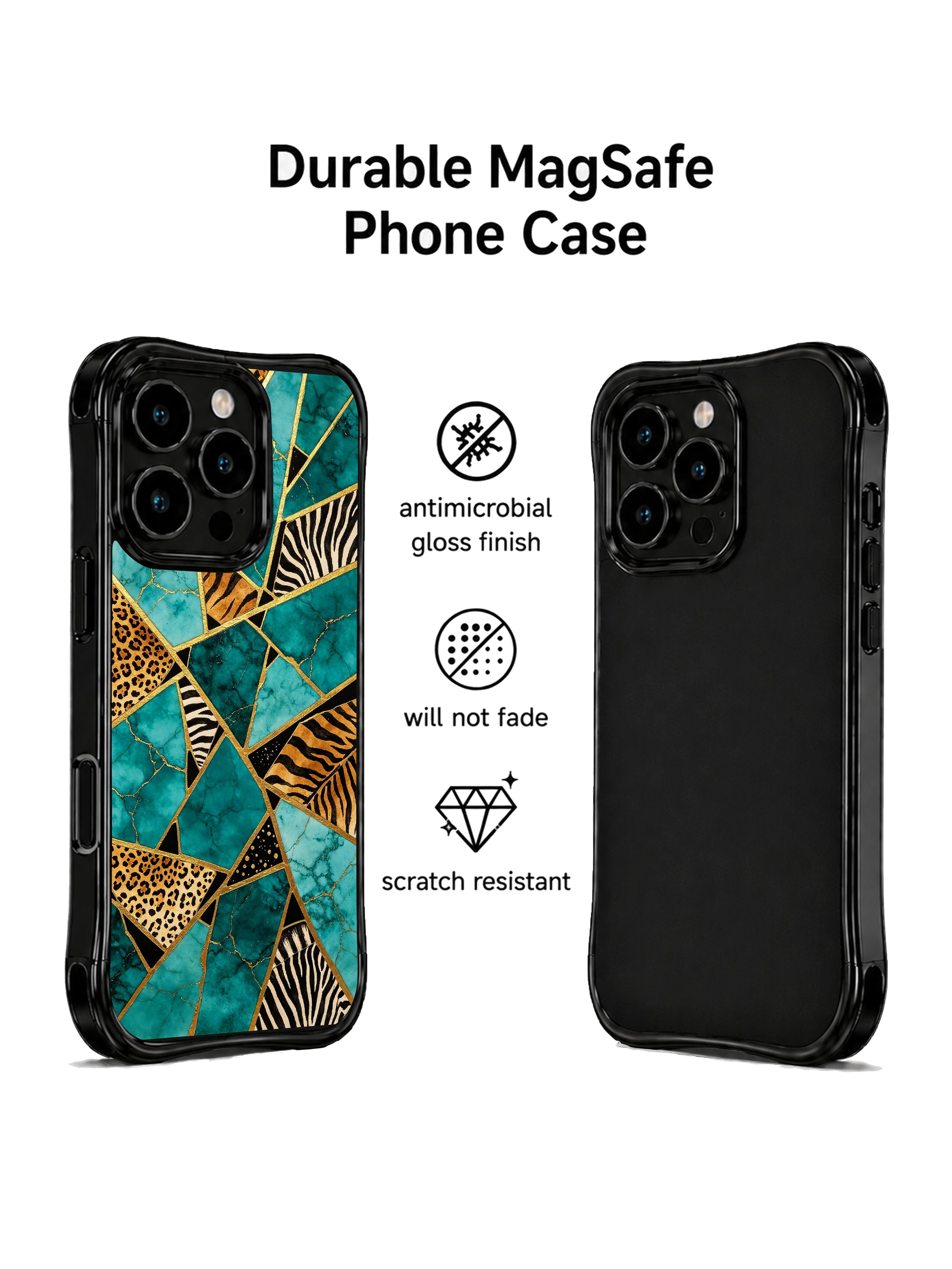 PhoneCasing iPhone 15 pro max phone case, slim profile turquoise gold beast print design, military grade drop protective casing.
