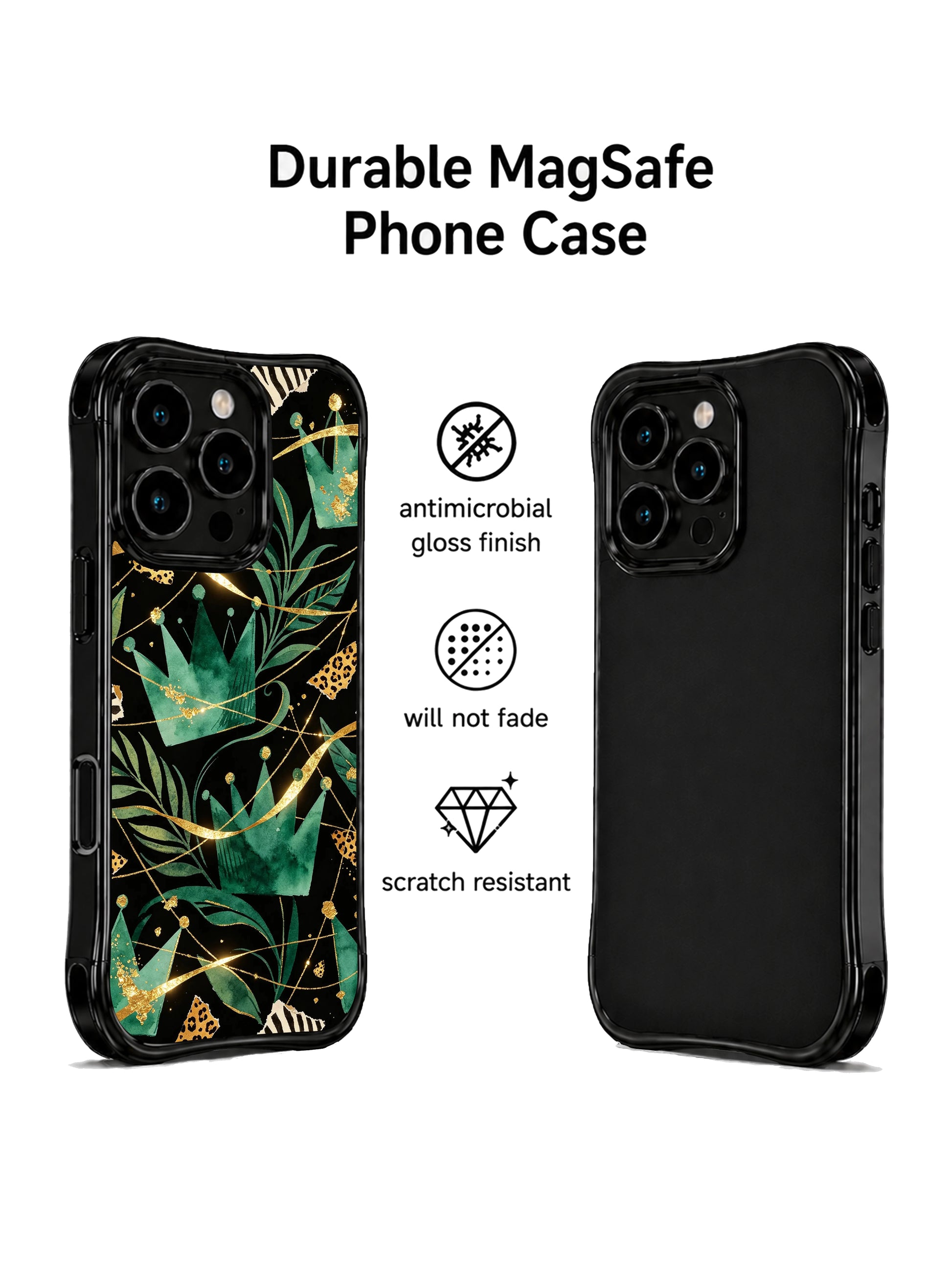 PhoneCasing iPhone 15 pro max phone case with regal wild crown emerald gold art, MagSafe compatible premium casing made in USA.