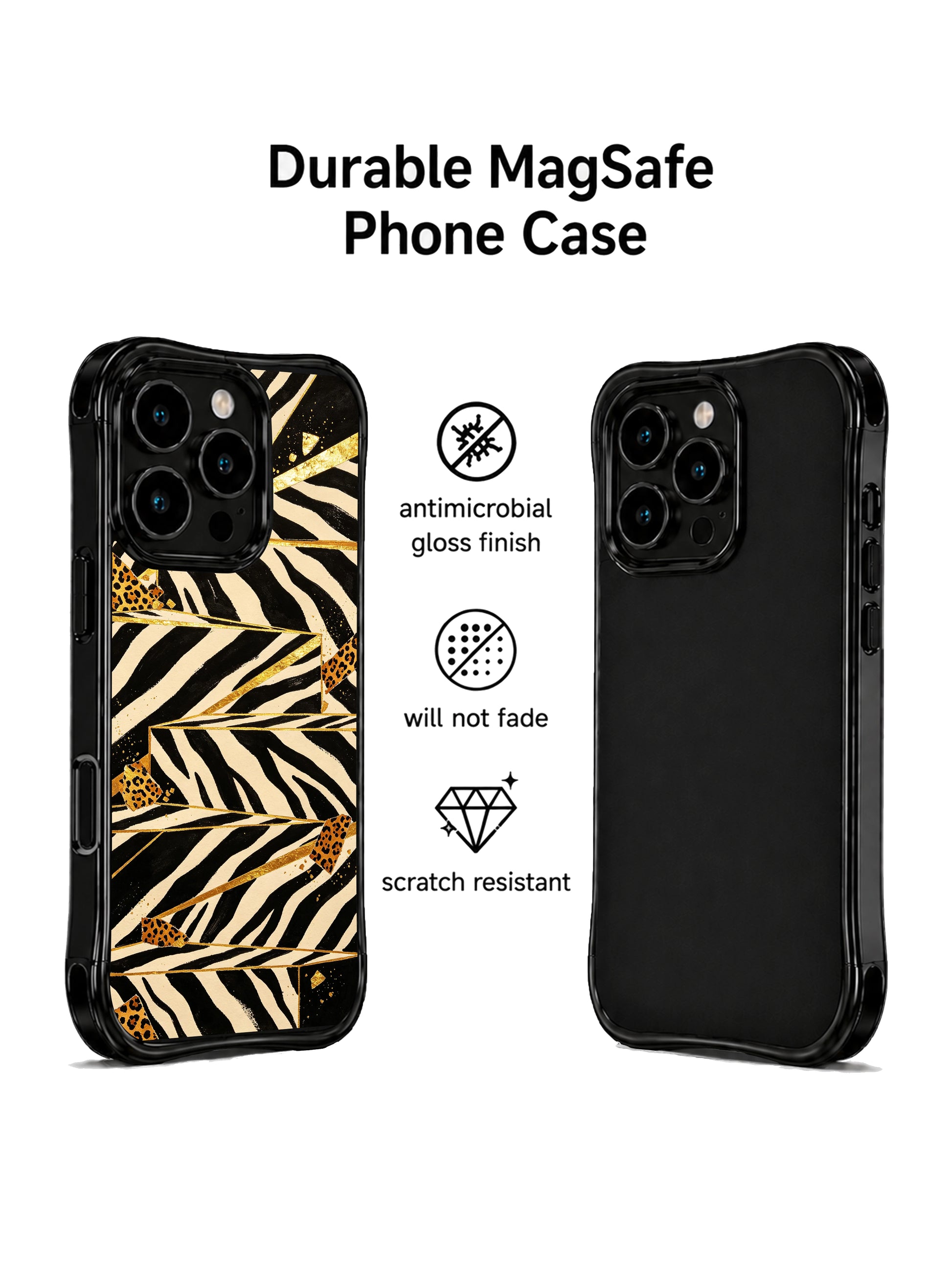PhoneCasing iPhone 15 pro max phone case, slim profile zebra gold foil staircase design, military grade drop protective casing.