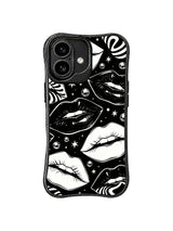 PhoneCasing iPhone 16 case featuring abstract line lips, black white contrast, graphic negative space, and refined sparkle details.