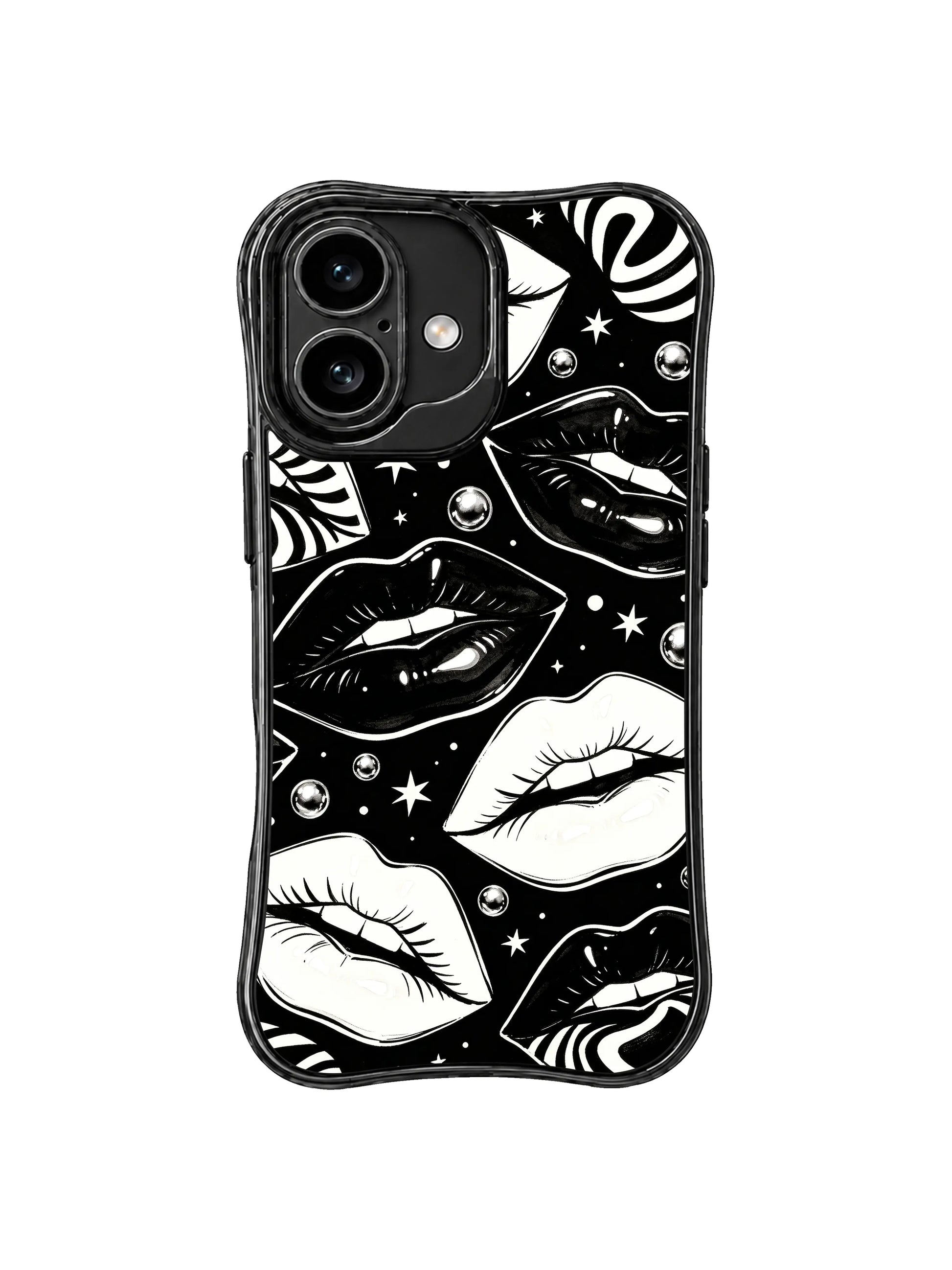 PhoneCasing iPhone 16 case featuring abstract line lips, black white contrast, graphic negative space, and refined sparkle details.