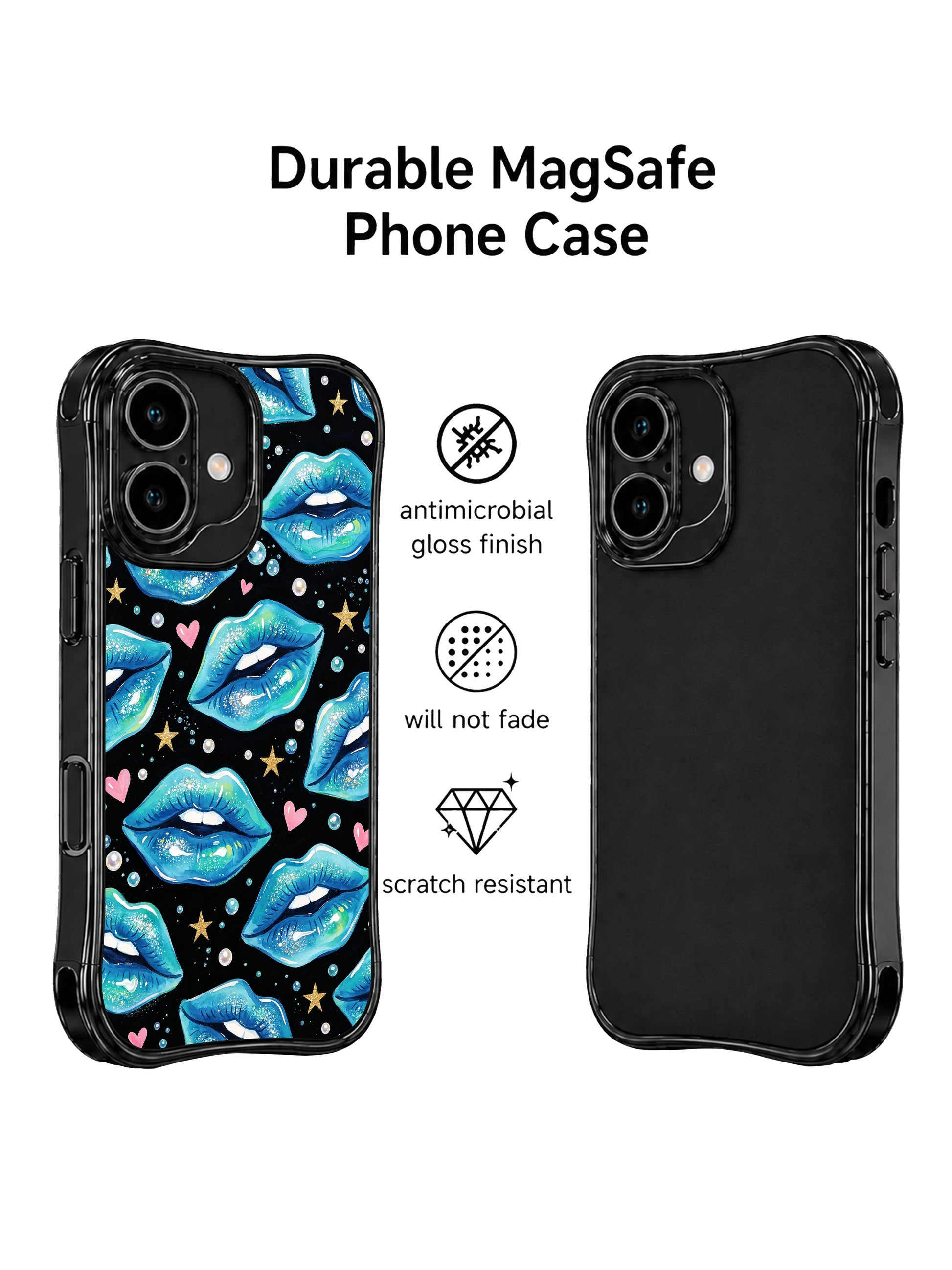 PhoneCasing iPhone 16 case with aqua neon lips, soft glitter details, gold star accents, and a fresh look for iPhone 16 cases.