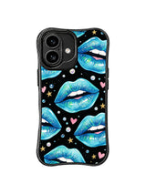 PhoneCasing iPhone 16 case featuring aqua pearl lips, tiny blue dots, pink hearts, and gold stars for an iPhone 16 Pro Max case inspired look.