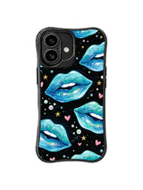 PhoneCasing iPhone 16 case featuring aqua star kiss artwork with glitter lips, pearl dots, and a night-glam look for iPhone 16 cases.