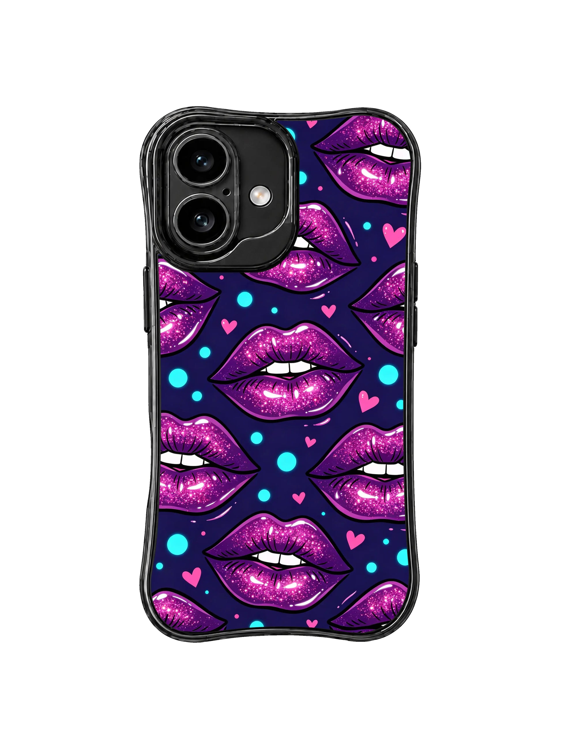 PhoneCasing iPhone 16 case with berry glam lips, cyan dots, pink hearts, and dark romantic color for a standout everyday art piece.