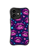 PhoneCasing iPhone 16 case featuring berry night lips, cyan dots, and pink hearts for customers comparing iPhone 16 Pro Max case looks.