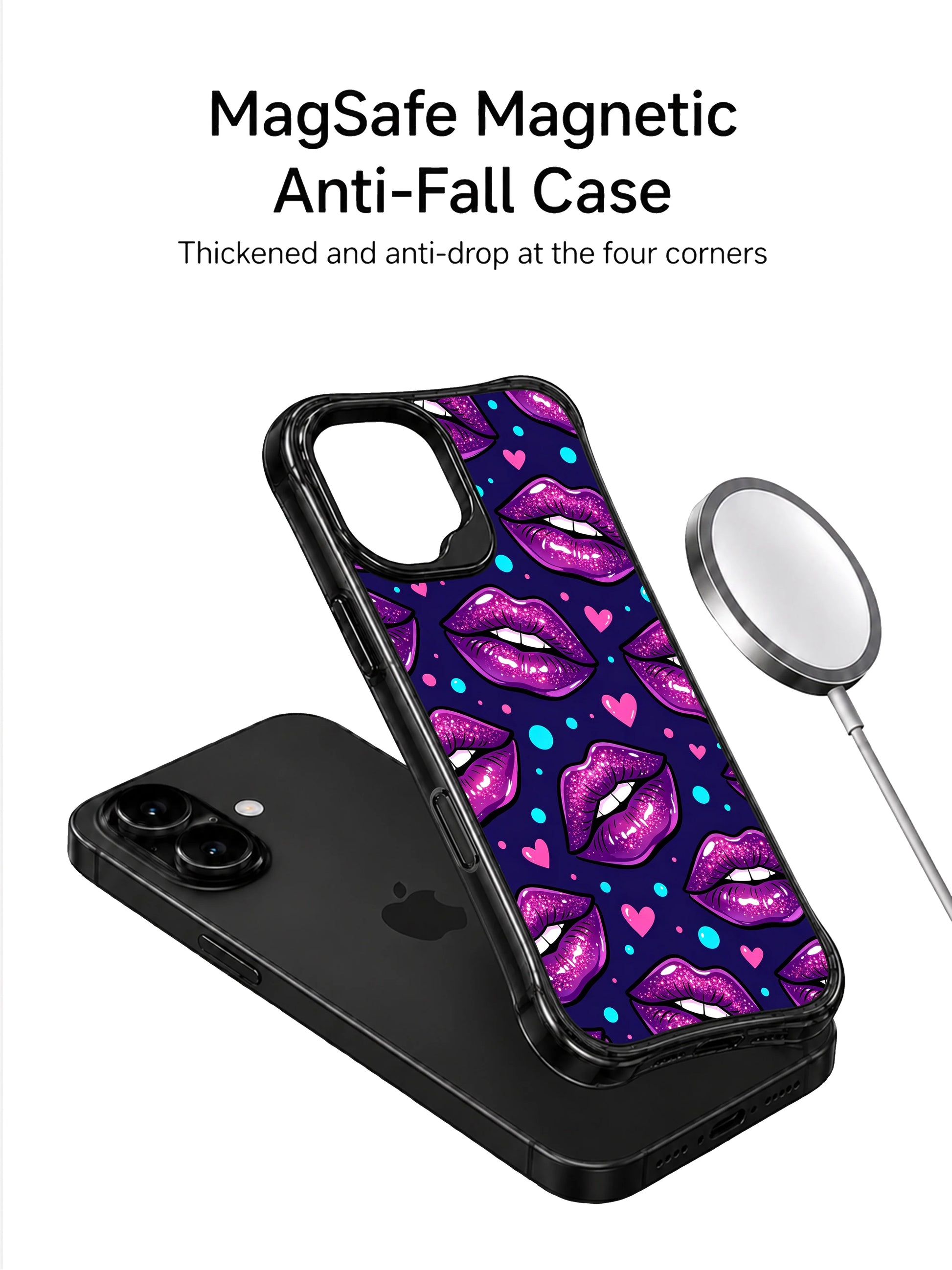 PhoneCasing iPhone 16 case showcasing berry violet lips, glossy highlights, blue dots, and pink hearts for a dreamy iPhone16 casing style.