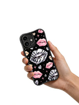 PhoneCasing iPhone 16 case showing silver zebra lips on a black background with pink starbursts and crystal bubbles for iPhone 16 cases.