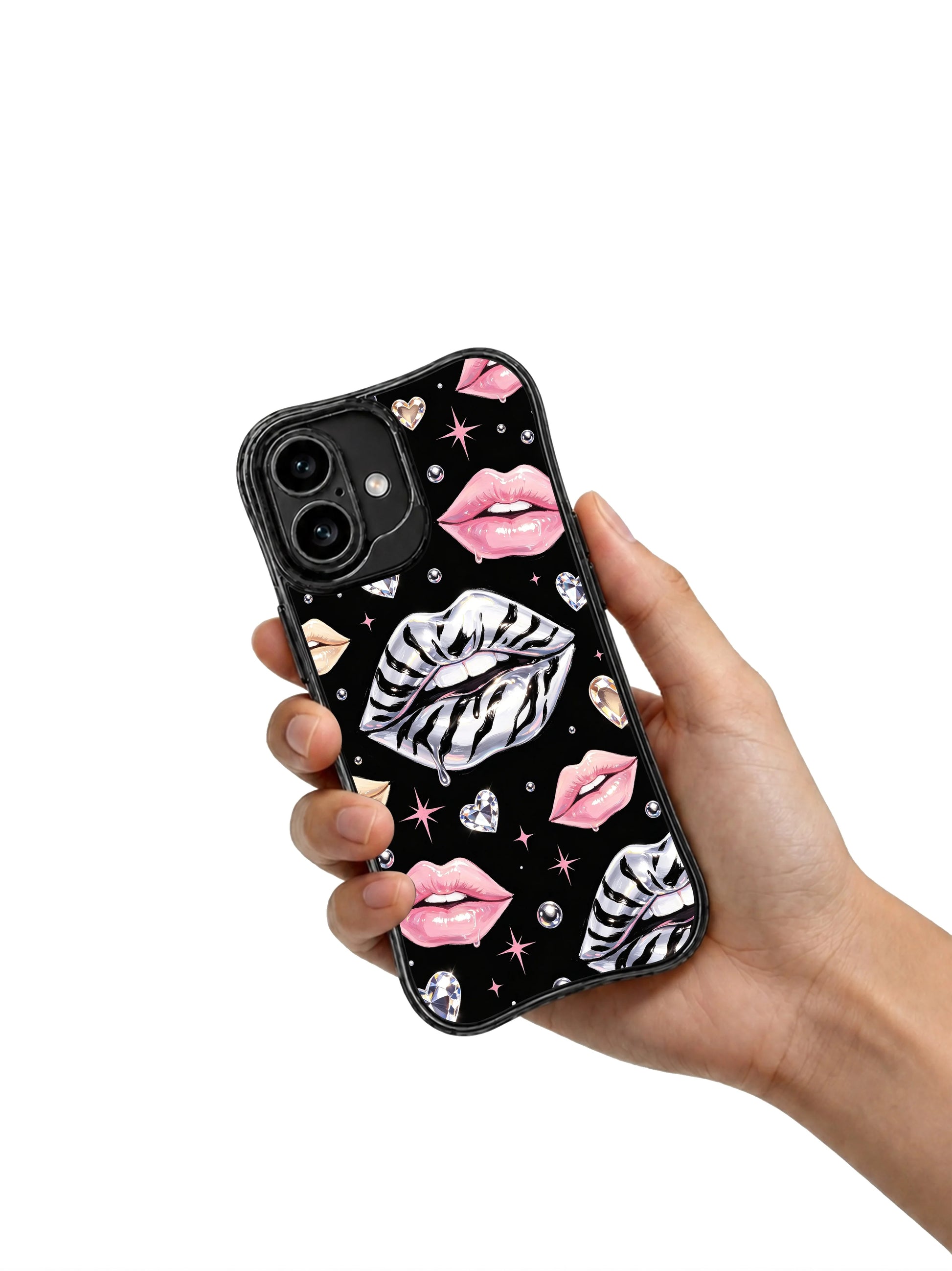 PhoneCasing iPhone 16 case showing silver zebra lips on a black background with pink starbursts and crystal bubbles for iPhone 16 cases.