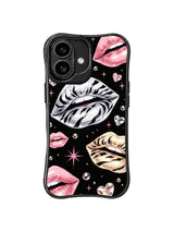 PhoneCasing iPhone 16 case with black coquette styling, crystal heart details, silver zebra lips, and soft pink lip accents.