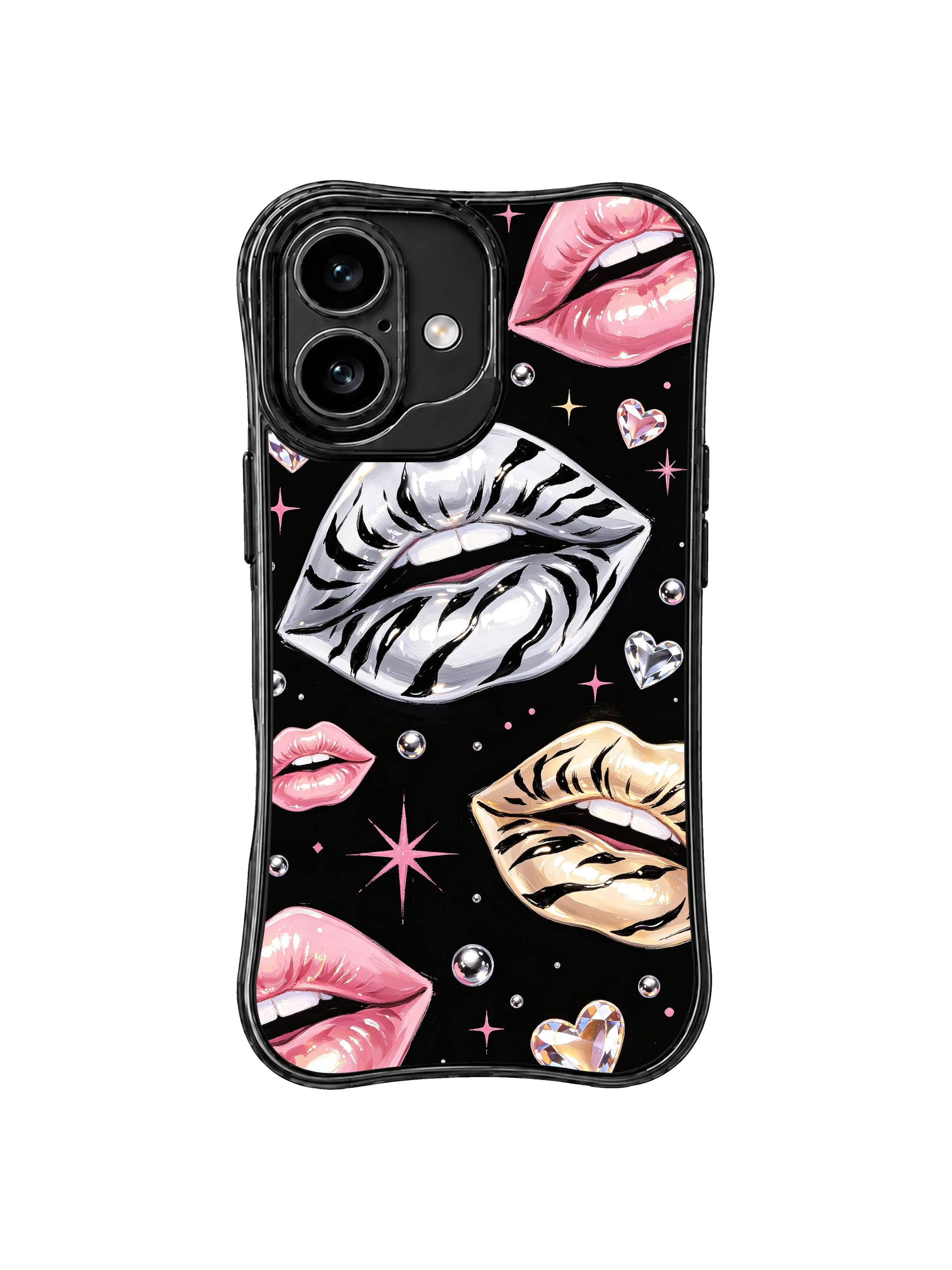 PhoneCasing iPhone 16 case with black coquette styling, crystal heart details, silver zebra lips, and soft pink lip accents.