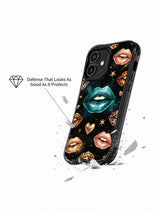 PhoneCasing iPhone 16 case showing black cosmos lips with leopard print accents, gold stars, and shimmering particles for iPhone 16 casing style.
