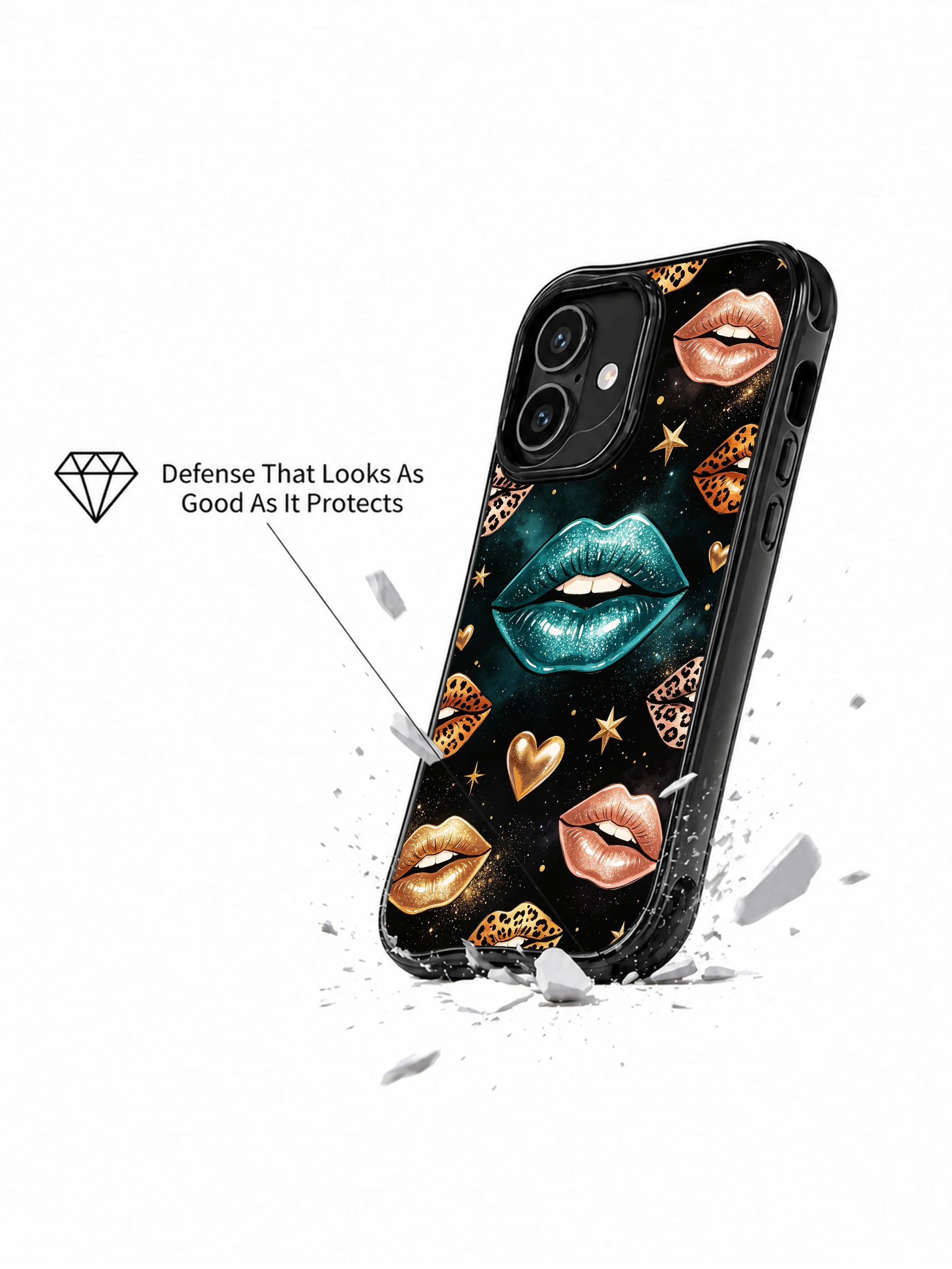 PhoneCasing iPhone 16 case showing black cosmos lips with leopard print accents, gold stars, and shimmering particles for iPhone 16 casing style.