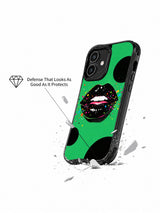 PhoneCasing iPhone 16 case showing black dot accents, emerald green background, and glossy lips with neon paint-splatter energy.