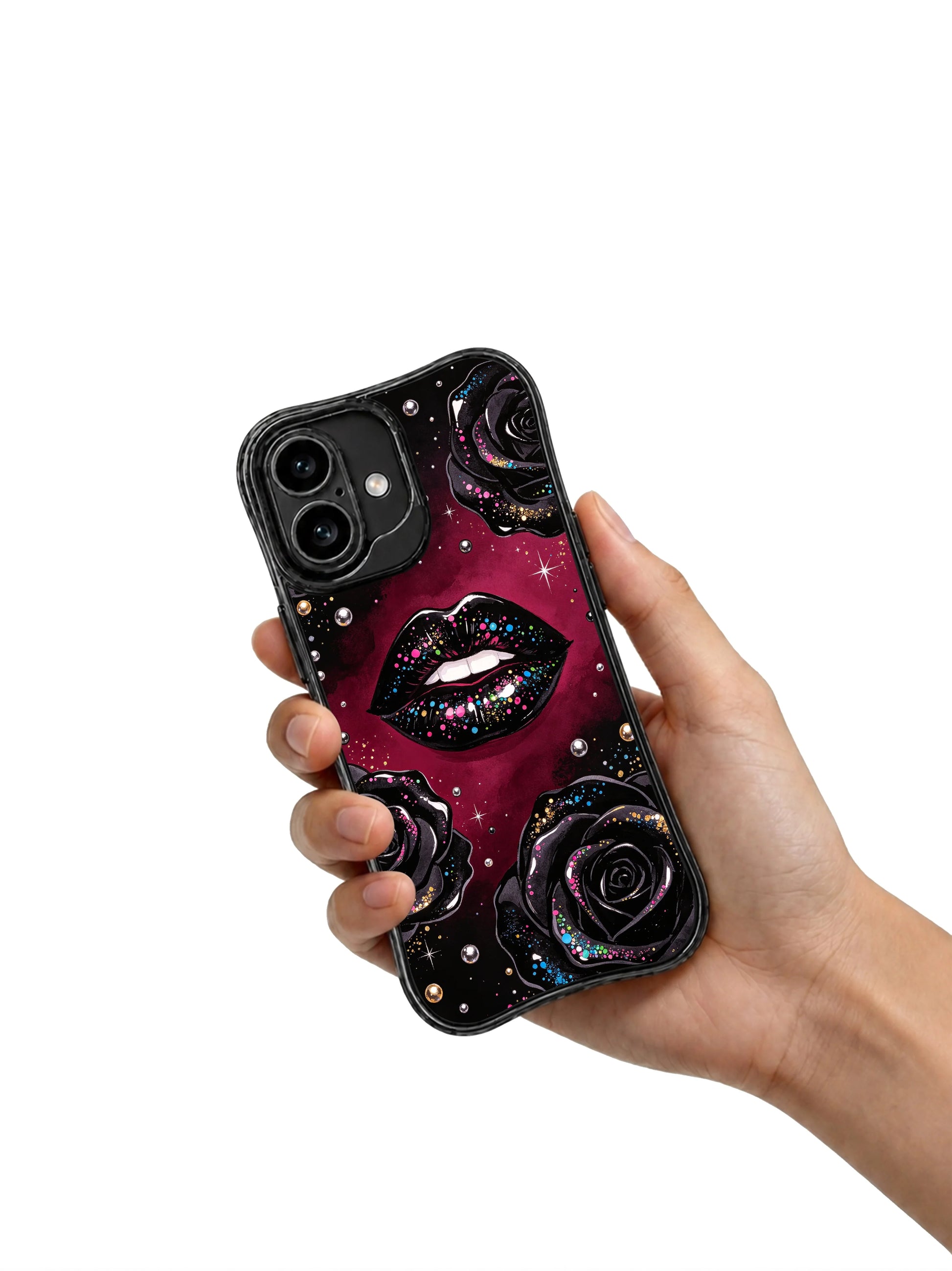 PhoneCasing iPhone 16 case designed as an artistic iphone 16 cover with black roses, glossy lips, metallic pearls, and a deep wine-red glow.