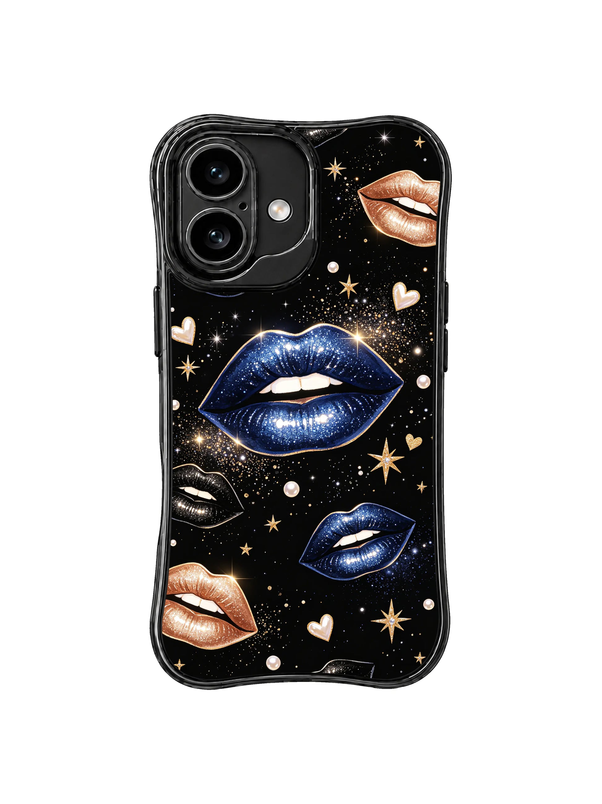 PhoneCasing iPhone 16 case showing a black galaxy blue kiss design with shimmering lips, gold starbursts, and elegant pearl accents.