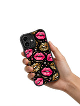 PhoneCasing iPhone 16 case with black-background glam lips, metallic sparkle, and heart details, ideal as a standout iphone 16 cover.