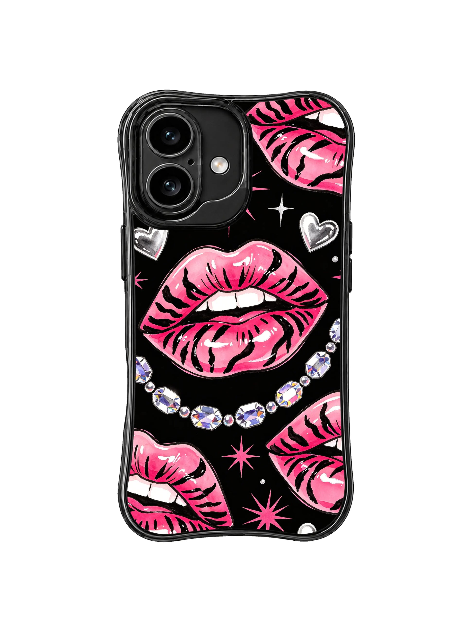 PhoneCasing iPhone 16 case featuring black glam pink kiss artwork with tiger stripes, rhinestones, and bright silver heart details.