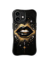 PhoneCasing iPhone 16 case featuring black gloss lip artwork with gold glitter, ideal for a dramatic iPhone 16 cover style.