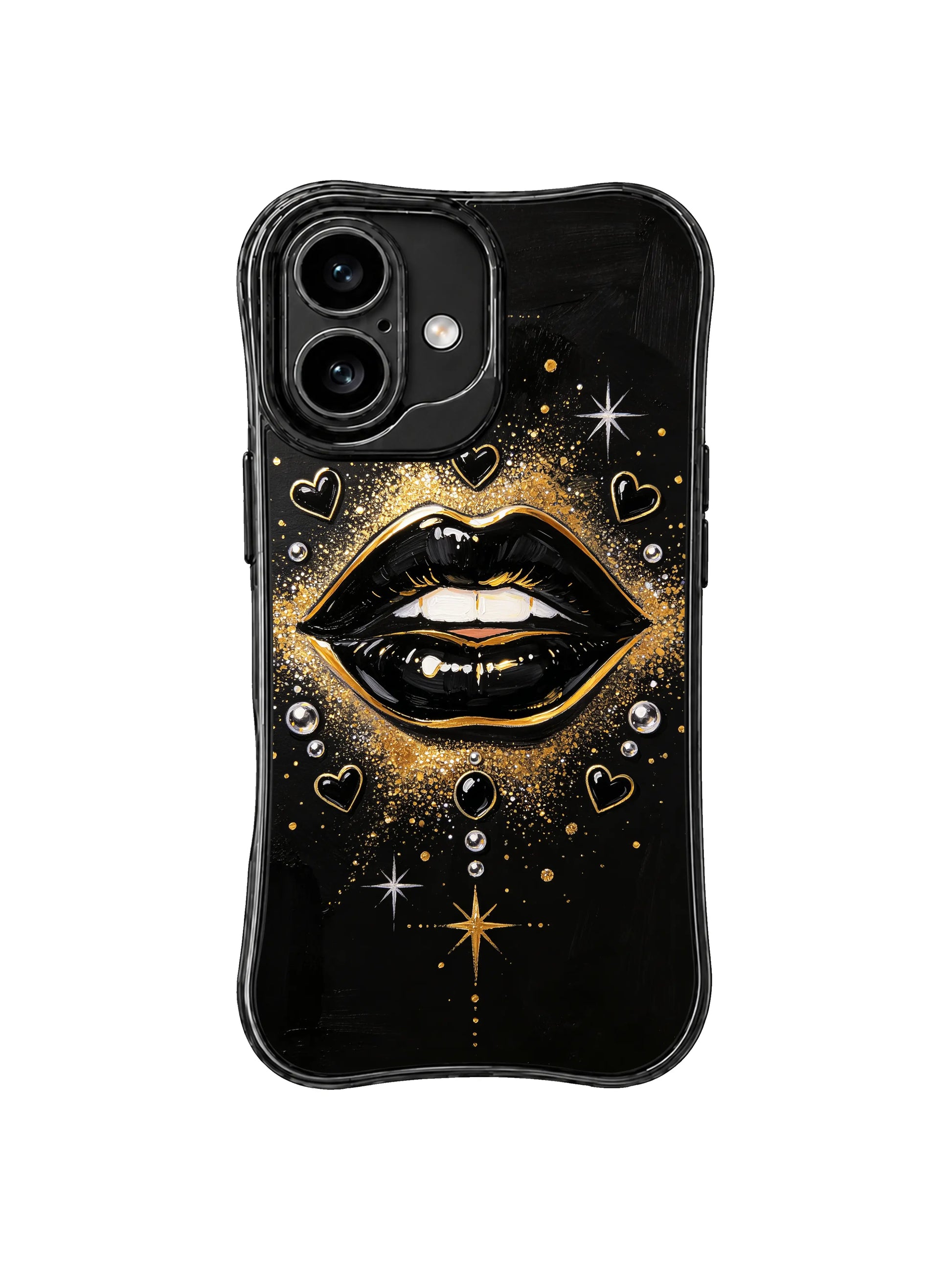 PhoneCasing iPhone 16 case featuring black gloss lip artwork with gold glitter, ideal for a dramatic iPhone 16 cover style.