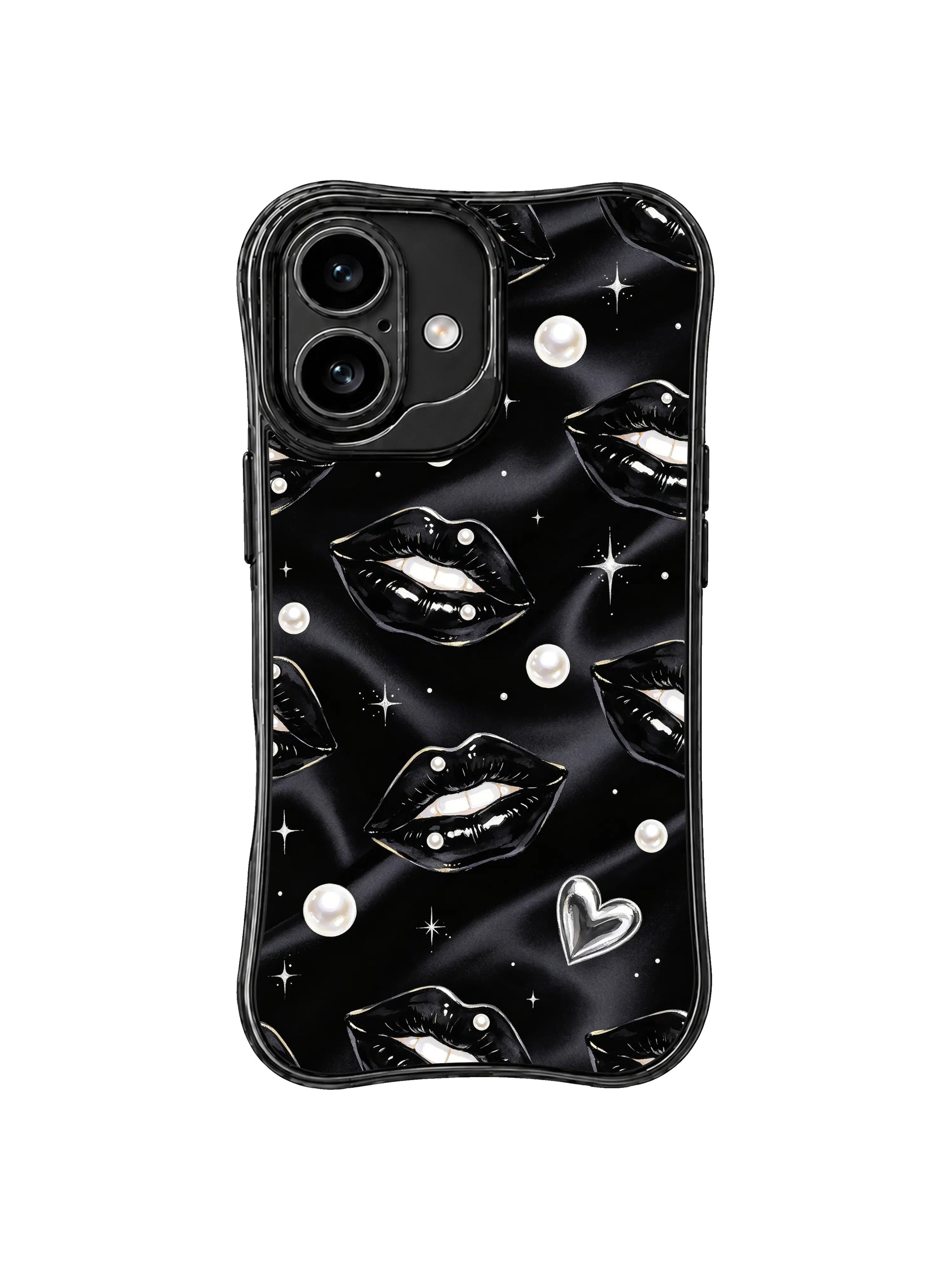 PhoneCasing iPhone 16 case featuring black gloss pearl art with luminous pearls, silver hearts, and elegant star accents.