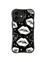PhoneCasing iPhone 16 case featuring glossy black lips, white lips, optical striping, and a high-fashion black and white iPhone 16 case mood.