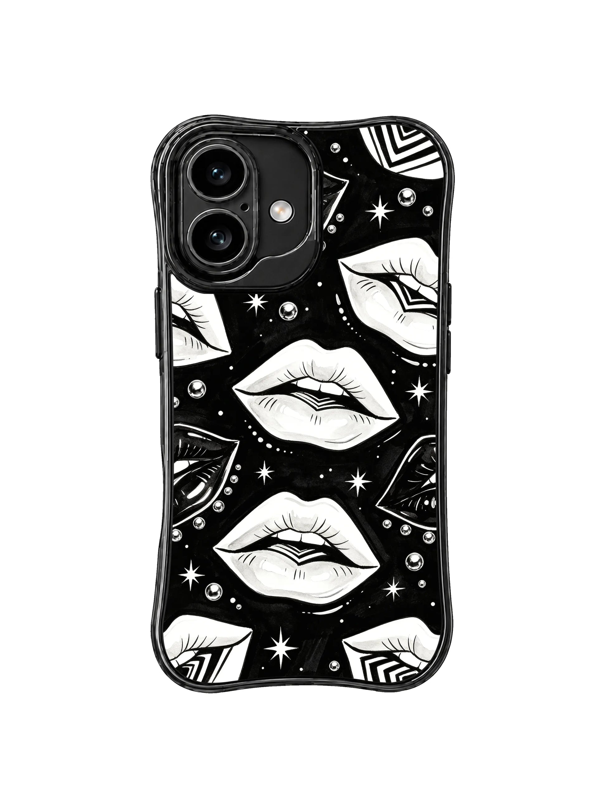 PhoneCasing iPhone 16 case featuring glossy black lips, white lips, optical striping, and a high-fashion black and white iPhone 16 case mood.