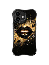 PhoneCasing iPhone 16 case with black gold fashion lips, pearl-like beads, and painted texture for a confident iPhone 16 Pro case look.