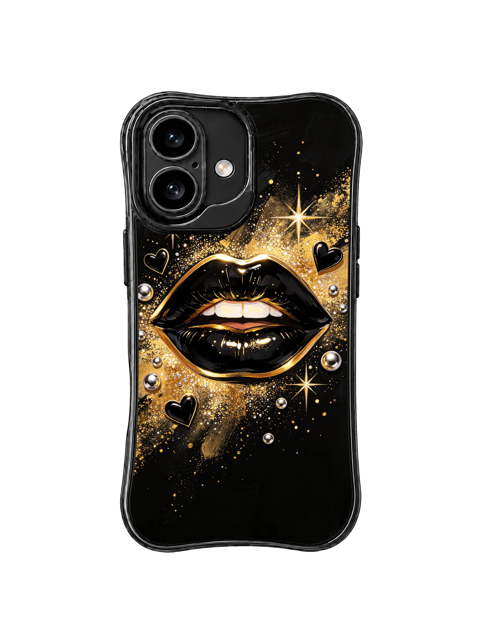 PhoneCasing iPhone 16 case with black gold fashion lips, pearl-like beads, and painted texture for a confident iPhone 16 Pro case look.