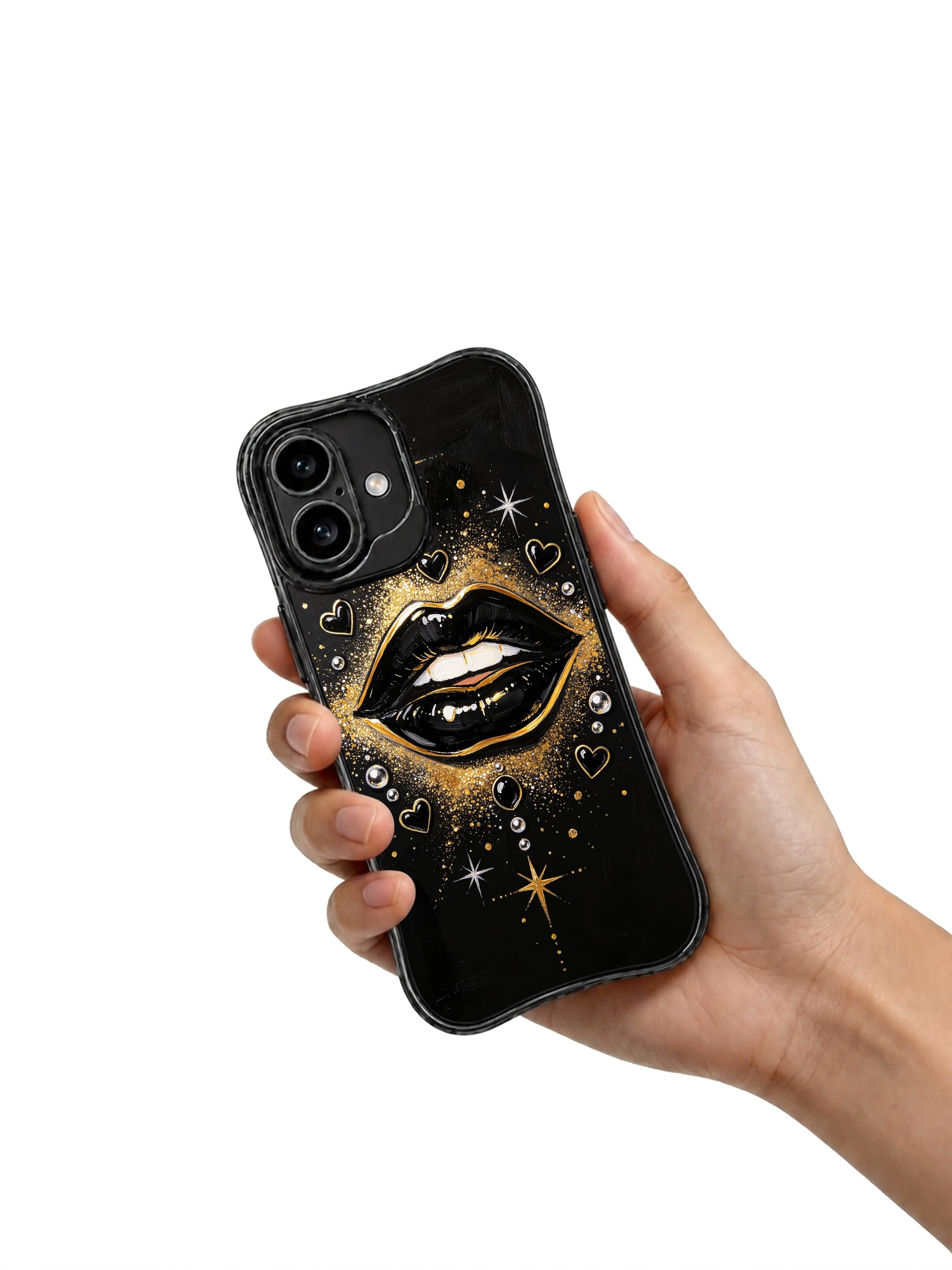 PhoneCasing iPhone 16 case with black hearts, gold stars, and pearl-like beads, styled as a dramatic iphone 16 cover.