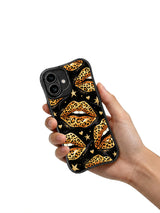 PhoneCasing iPhone 16 case designed as a black and gold iphone 16 cover with leopard print lips, star sparkle, and a confident glam-pop attitude.