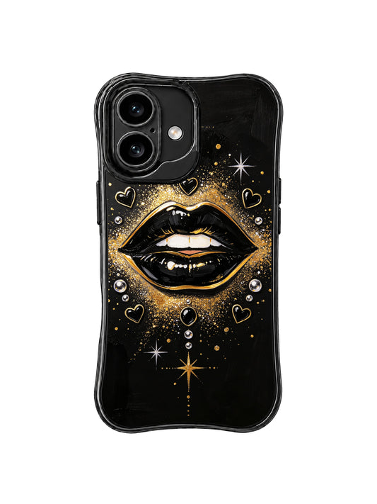 PhoneCasing iPhone 16 case featuring Black Gold Queen Kiss artwork with glossy black lips, gold glitter, black hearts, and star accents.