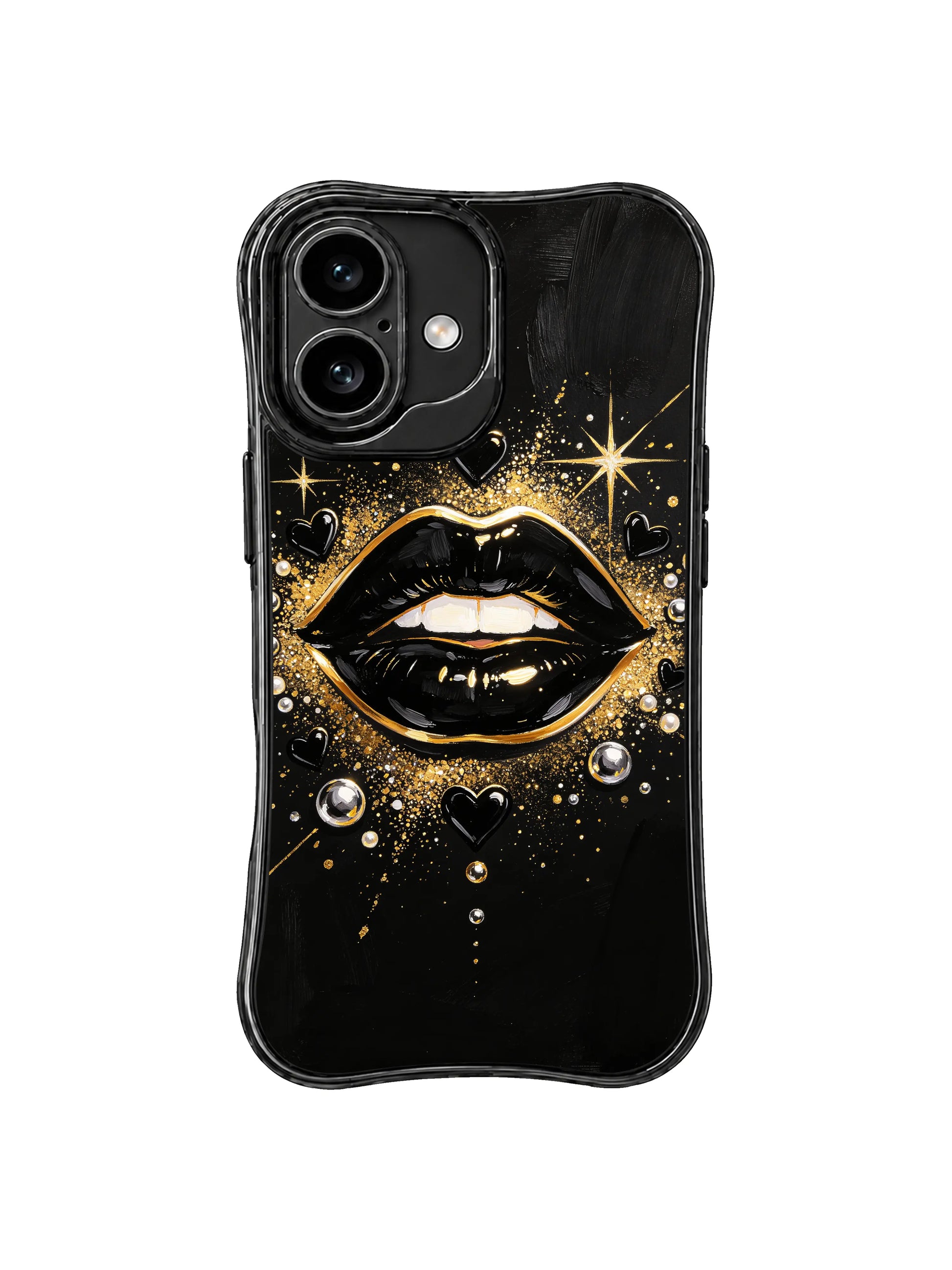 PhoneCasing iPhone 16 case featuring a royal black gold kiss design with pearl beads, black hearts, and ceremonial sparkle.