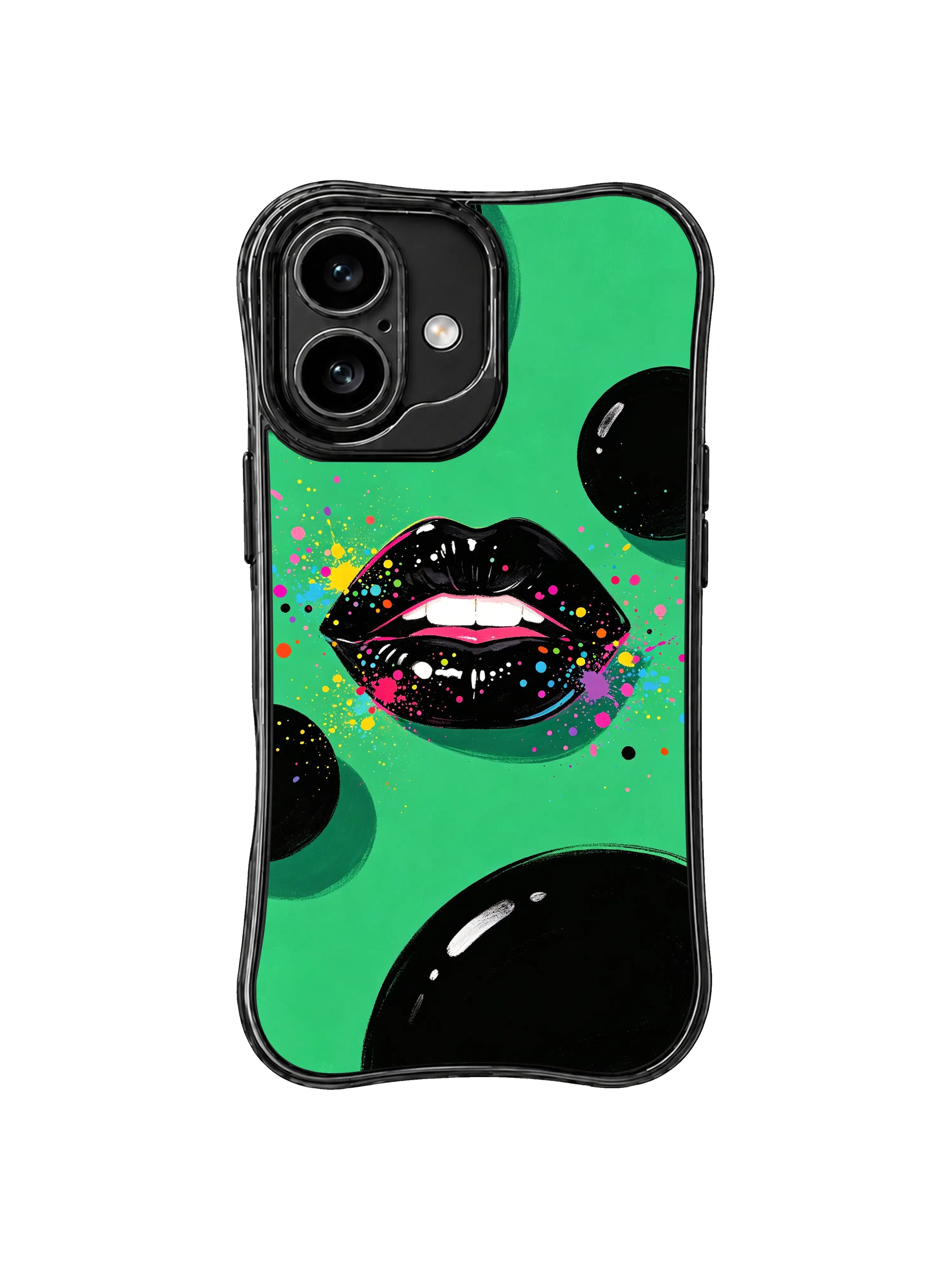 PhoneCasing iPhone 16 case with black lacquer lips, color splashes, and an emerald green background, made as an artistic iPhone 16 cover.