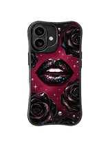 PhoneCasing iPhone 16 case with black lacquer lips, scattered sequins, dark floral details, and a premium iphone 16 cover look.