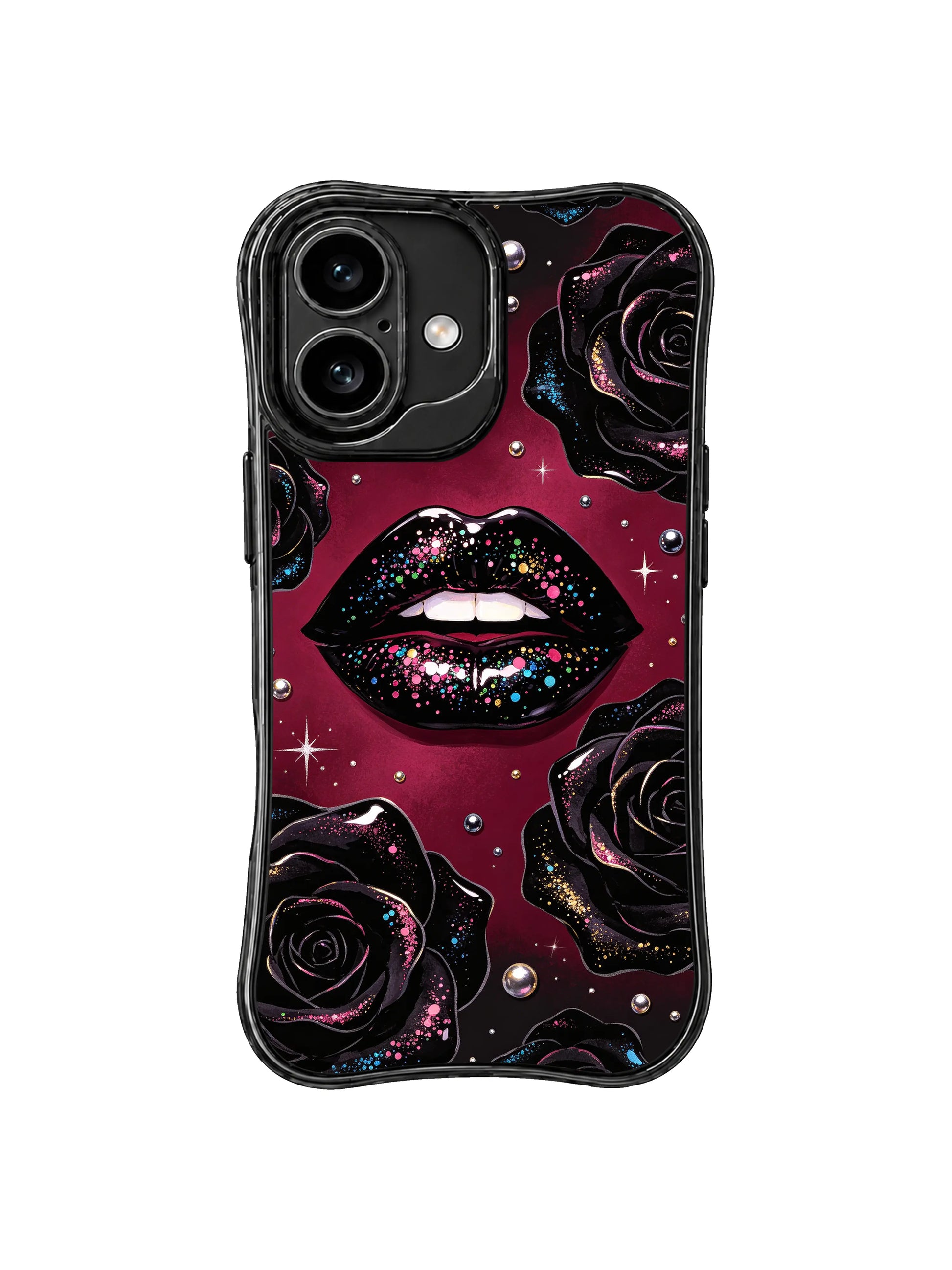 PhoneCasing iPhone 16 case with black lacquer lips, scattered sequins, dark floral details, and a premium iphone 16 cover look.