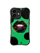PhoneCasing iPhone 16 case featuring black lips with a color burst effect, emerald background, and polished night-glam mood.
