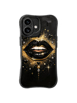 PhoneCasing iPhone 16 case featuring black lips, gold starbursts, and radiant glitter for shoppers comparing iPhone 16 Pro Max case artwork.