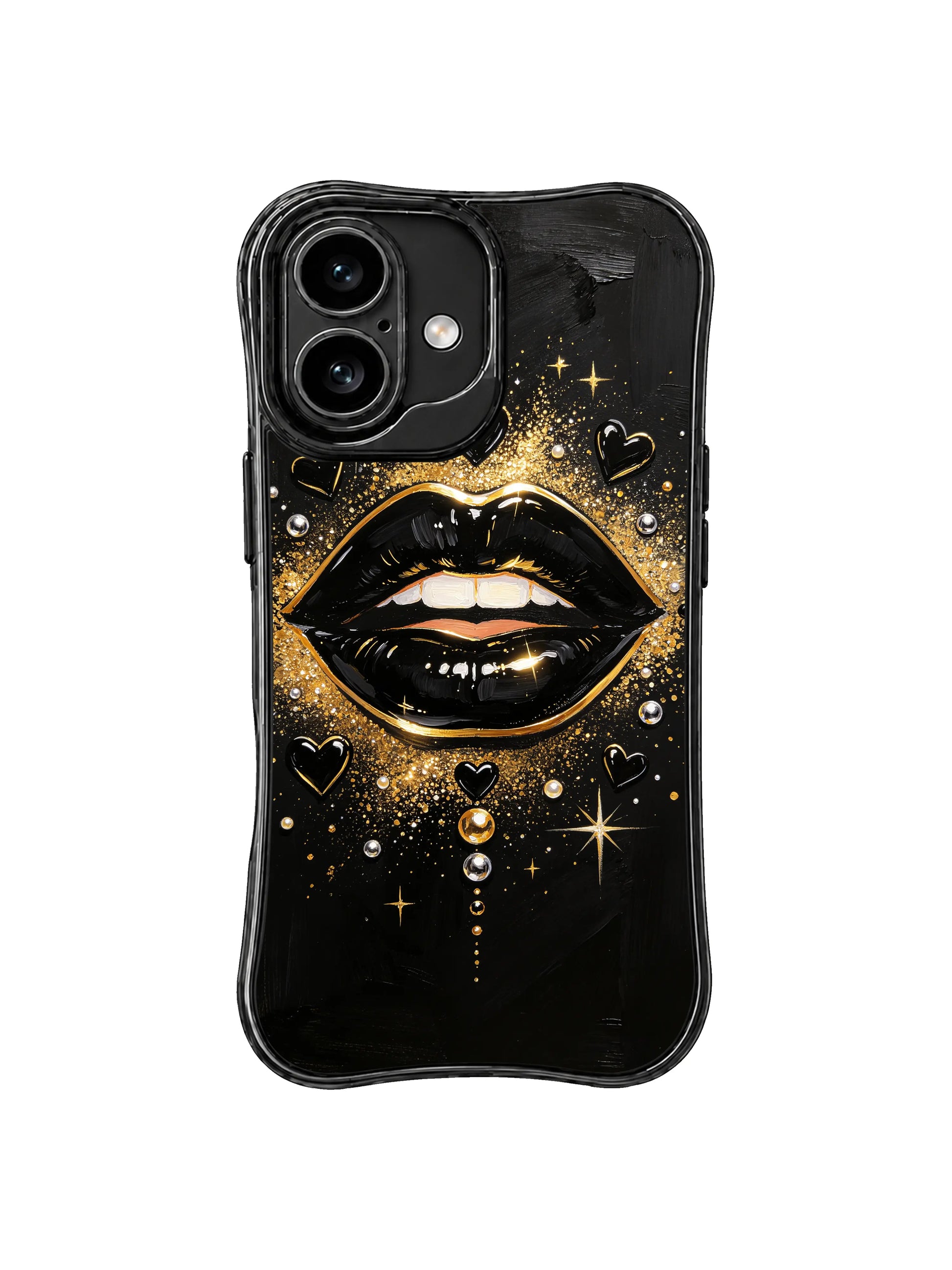PhoneCasing iPhone 16 case featuring black lips, gold starbursts, and radiant glitter for shoppers comparing iPhone 16 Pro Max case artwork.