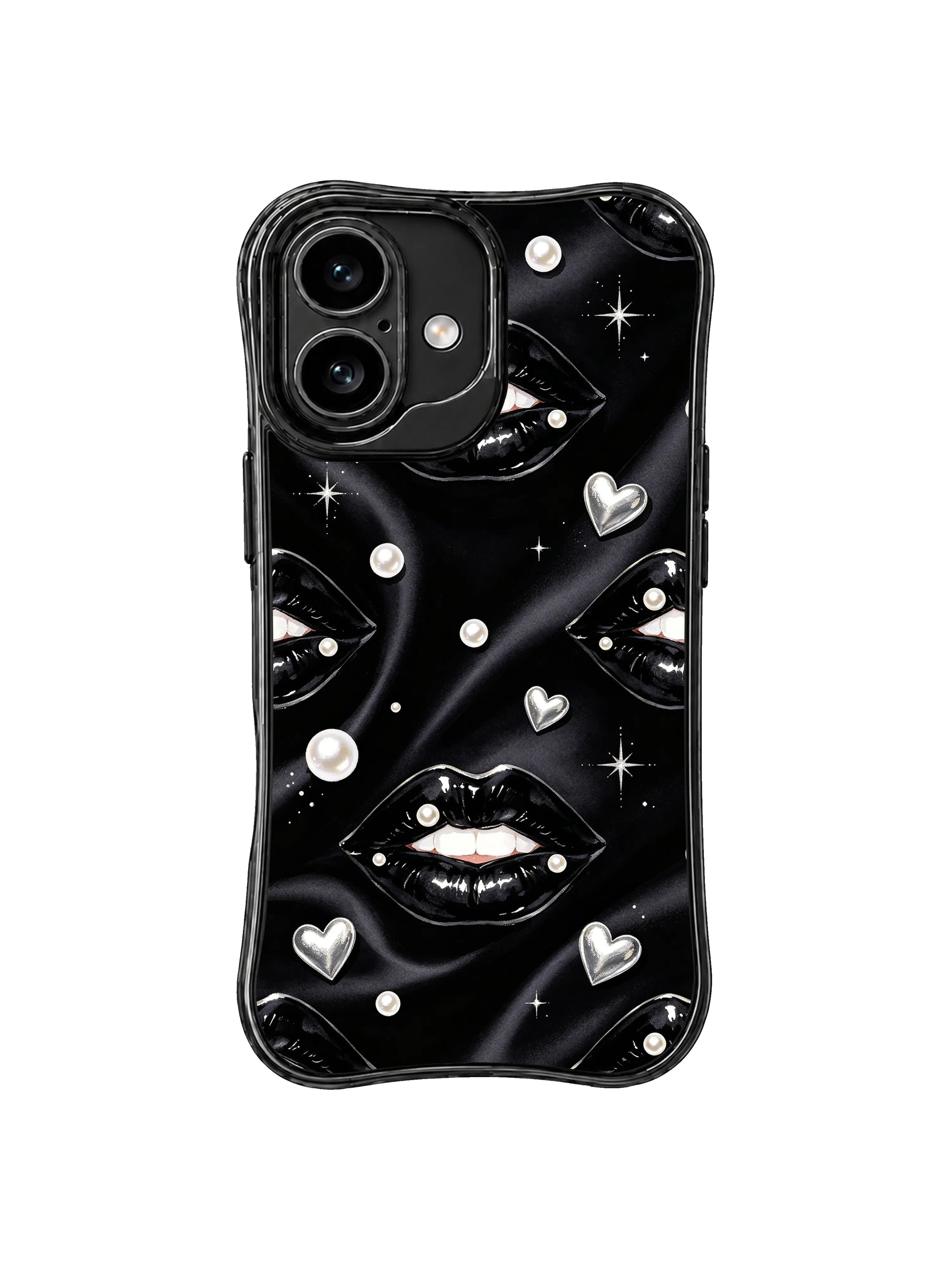 PhoneCasing iPhone 16 case featuring black lips, silver hearts, white pearls, and tiny stars on a dark satin-style background.