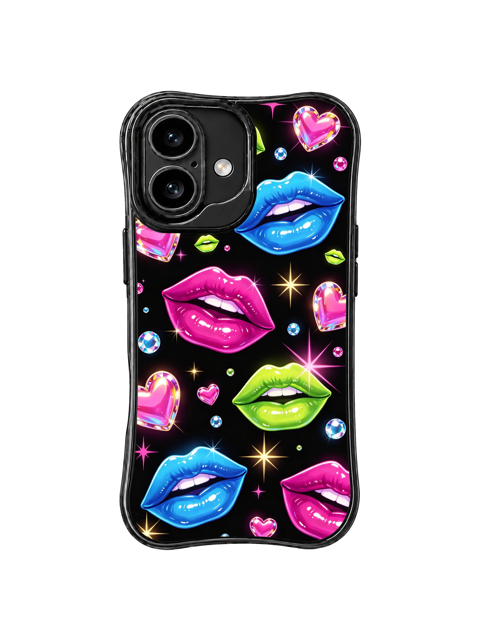 PhoneCasing iPhone 16 case featuring black neon heart art with bright lips, jewel accents, and a confident Midnight Kiss Glam mood.